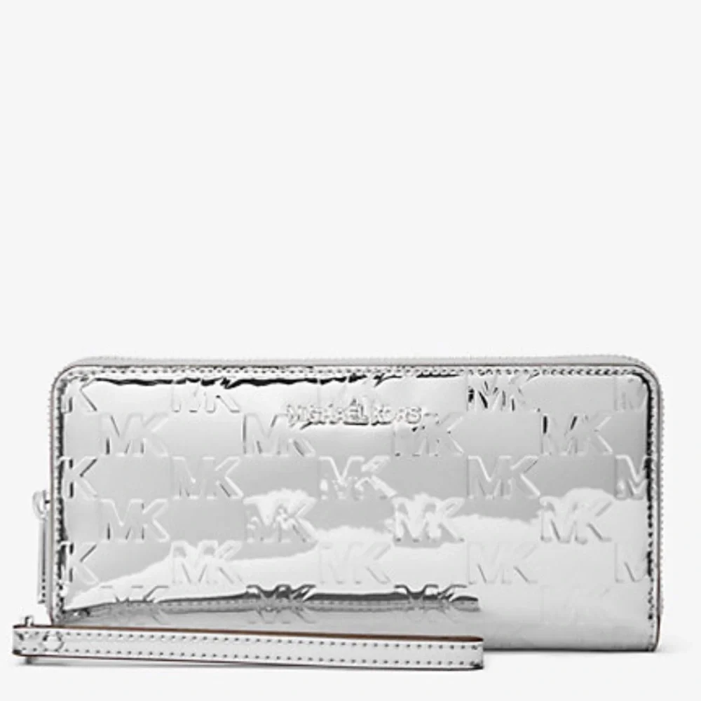 MICHAEL KORS Jet Set Larg Patent Logo Debossed Continental Wallet Wristlet Phone